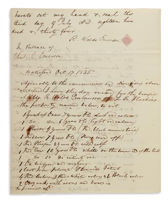 RALPH WALDO EMERSON. Autograph Document Signed, twice, R. Waldo Emerson (one in the third person within the text),...